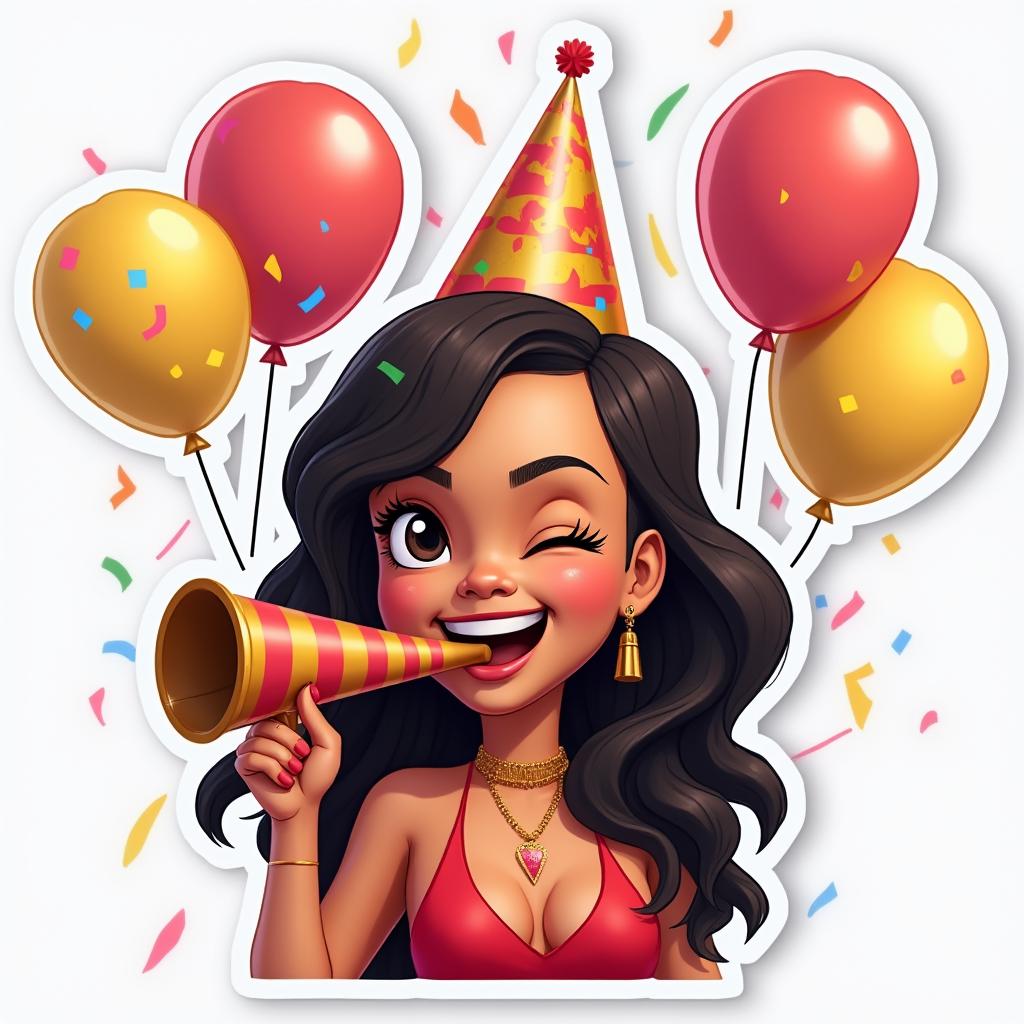 Emoji-style sticker of Rihanna celebrating with confetti and balloons