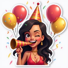 Emoji-style sticker of Rihanna celebrating with confetti and balloons