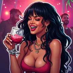 3D rendered sticker of Rihanna laughing and celebrating at a party