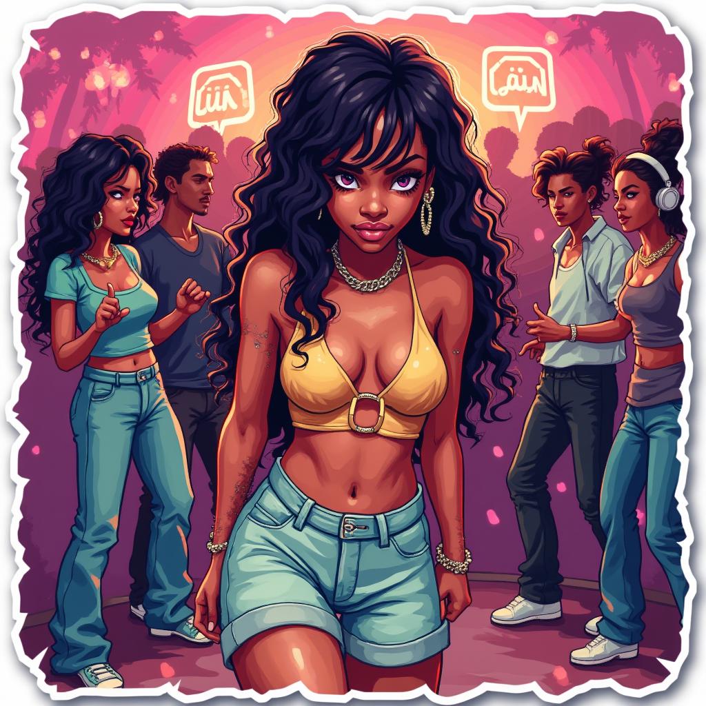 Pixel art sticker of Rihanna dancing at a retro-themed party