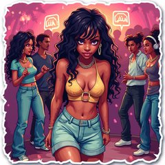 Pixel art sticker of Rihanna dancing at a retro-themed party