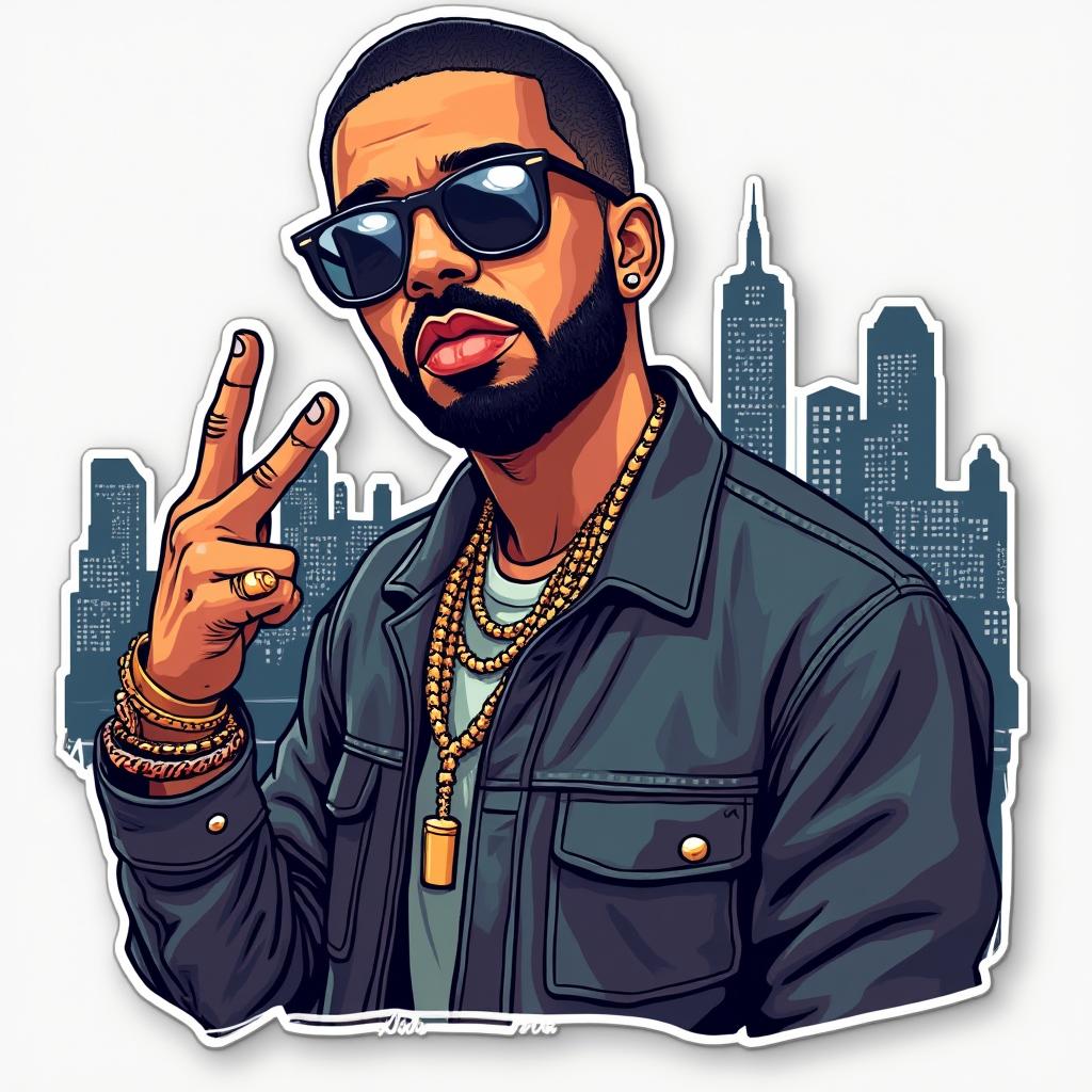 Pop culture sticker of Drake in sunglasses posing with a city skyline