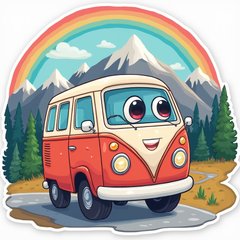 Kawaii van with big eyes driving through a vibrant landscape with mountains and a rainbow.