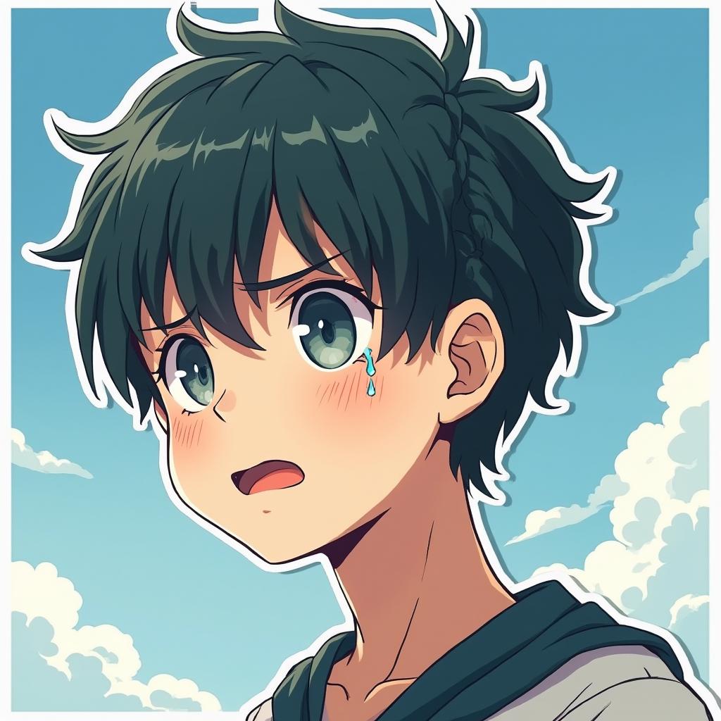 Anime-style Drake with teary eyes looking sad with clouds