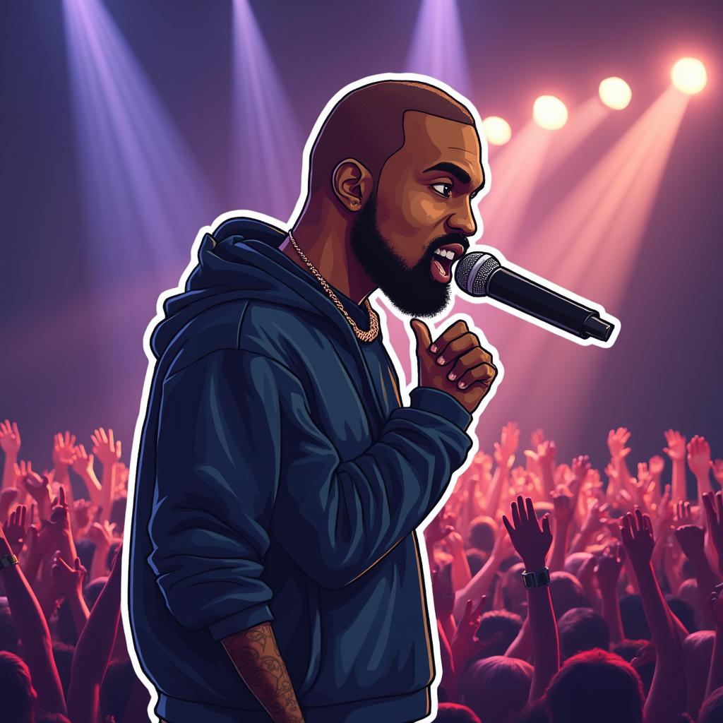 3D sticker of Kanye West on stage with a microphone and cheering crowd
