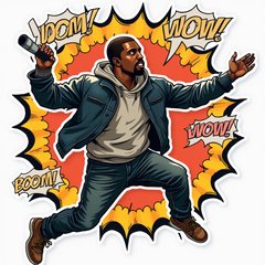 Comic book sticker of Kanye West leaping with a microphone and action effects