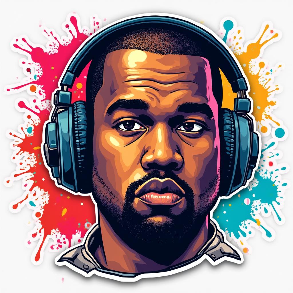 Graffiti sticker of Kanye West's face with headphones and colorful splashes