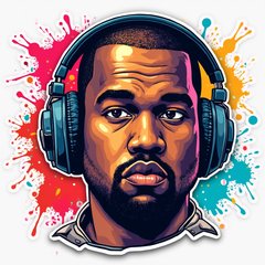 Graffiti sticker of Kanye West's face with headphones and colorful splashes