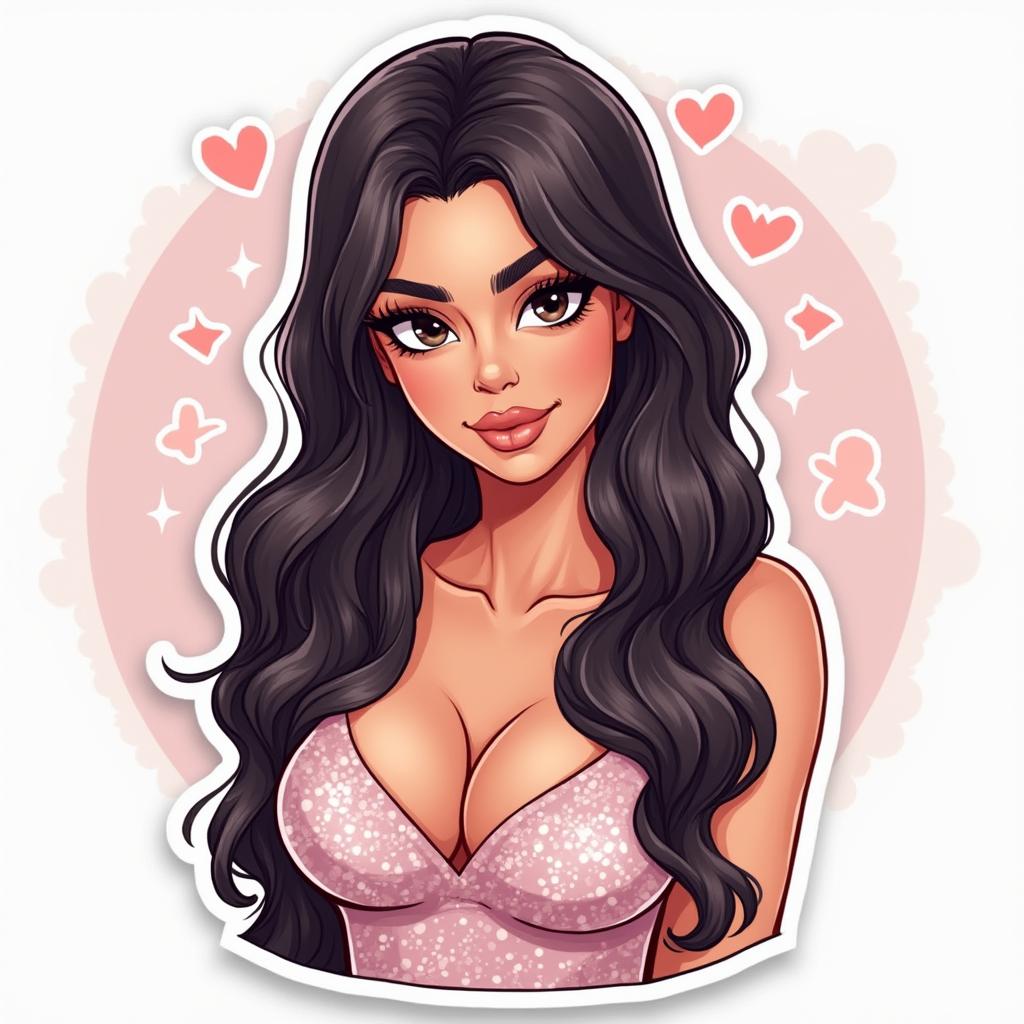 Cartoon Kim Kardashian winking with sparkles and hearts