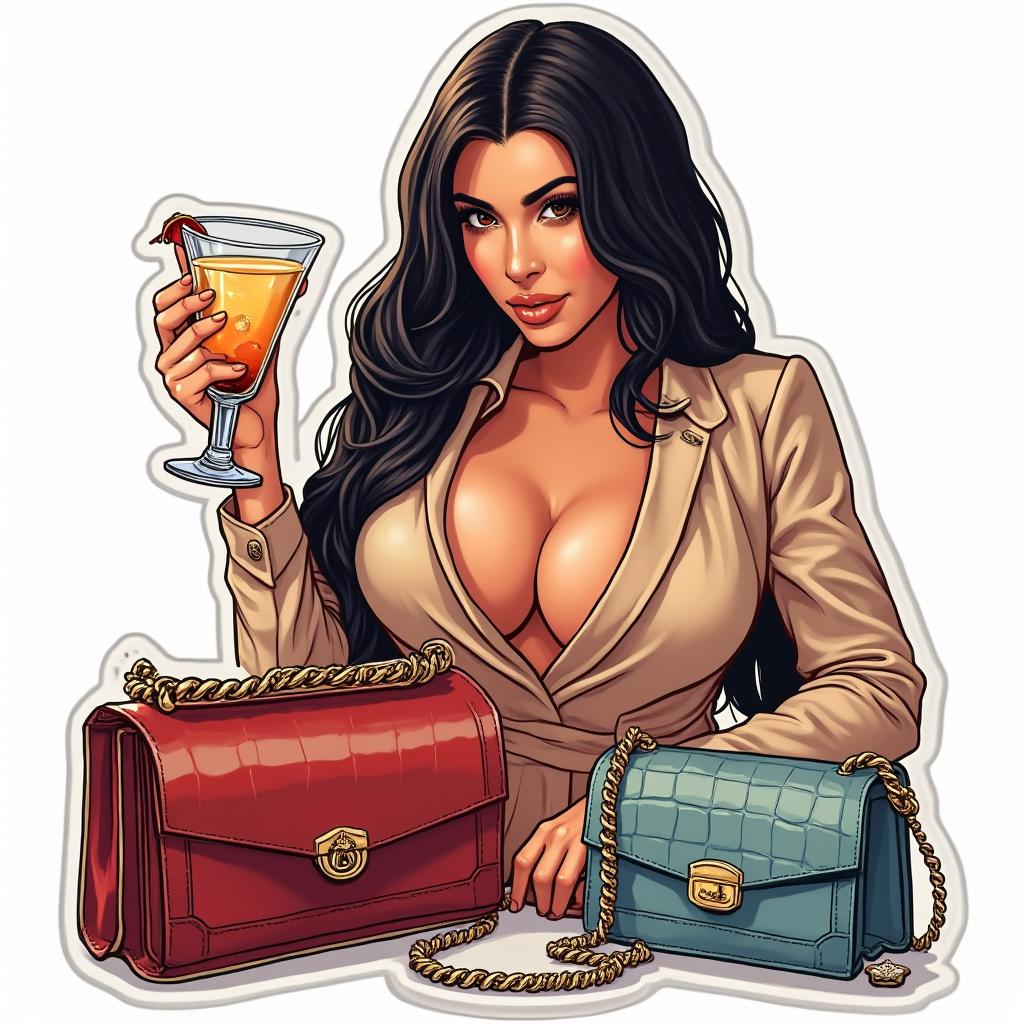Kim Kardashian posing with a cocktail and luxury items