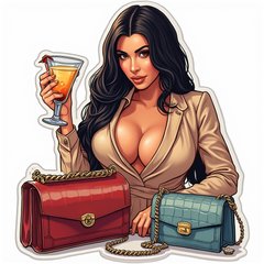 Kim Kardashian posing with a cocktail and luxury items