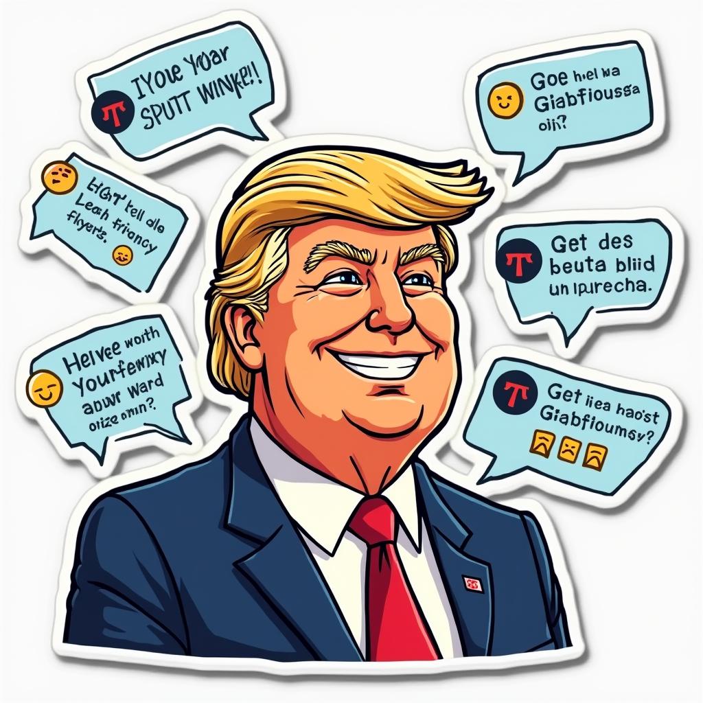 Cartoon sticker of Donald Trump surrounded by tweets with humorous text
