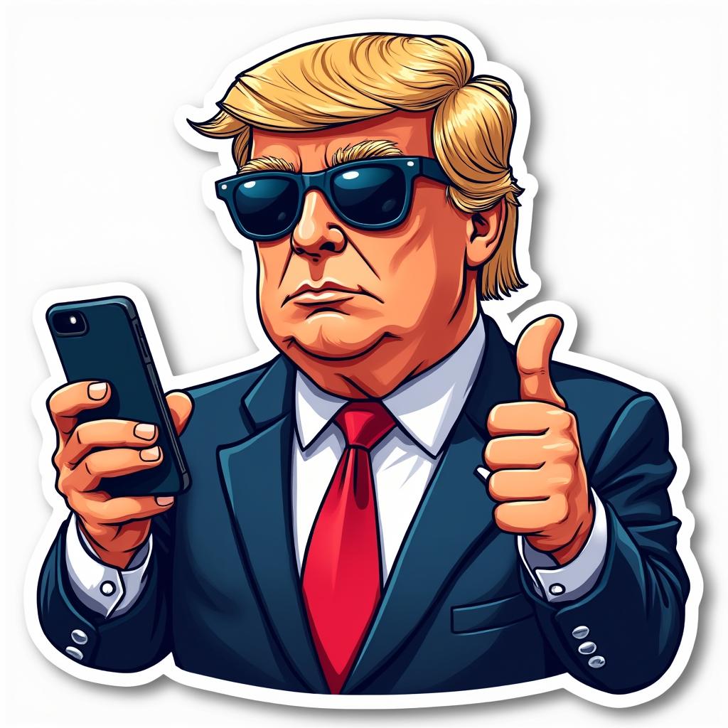 Pop culture sticker of Donald Trump giving a thumbs up while tweeting