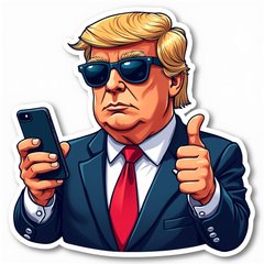 Pop culture sticker of Donald Trump giving a thumbs up while tweeting