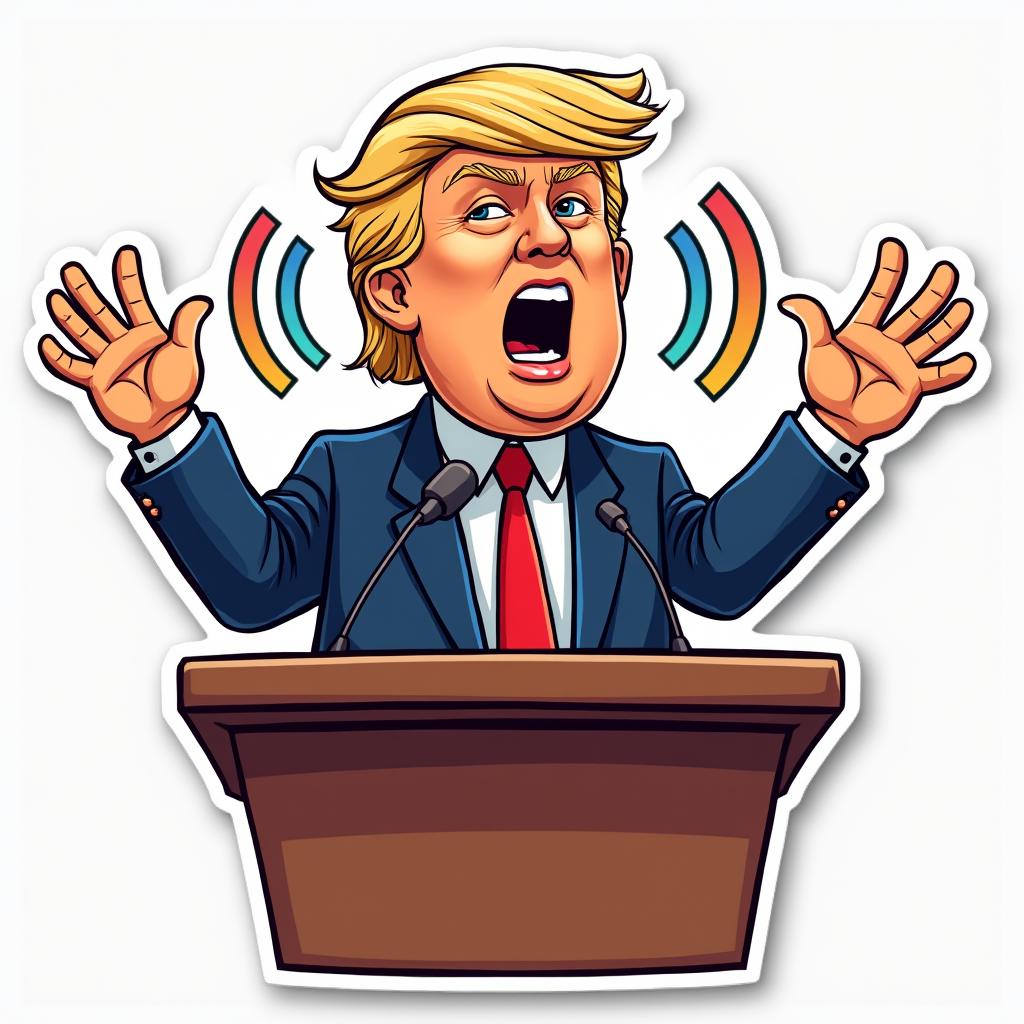 Cartoon sticker of Donald Trump giving a speech at a podium