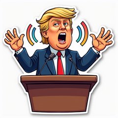 Cartoon sticker of Donald Trump giving a speech at a podium