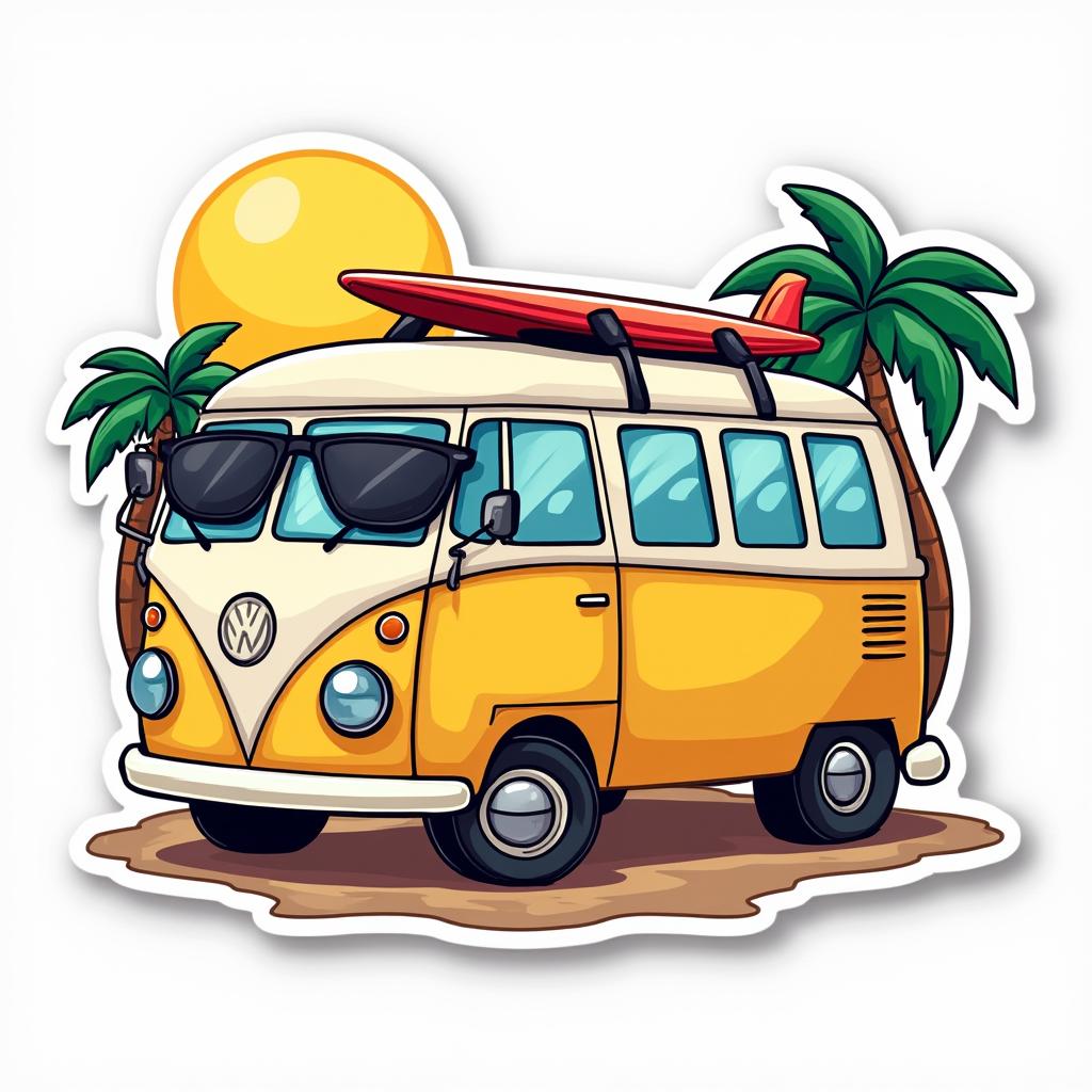 Emoji-style cheerful van with sunglasses and surfboard, surrounded by palm trees.