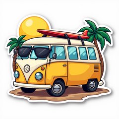 Emoji-style cheerful van with sunglasses and surfboard, surrounded by palm trees.