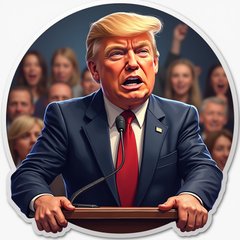 3D rendered sticker of Donald Trump speaking at a podium with crowd