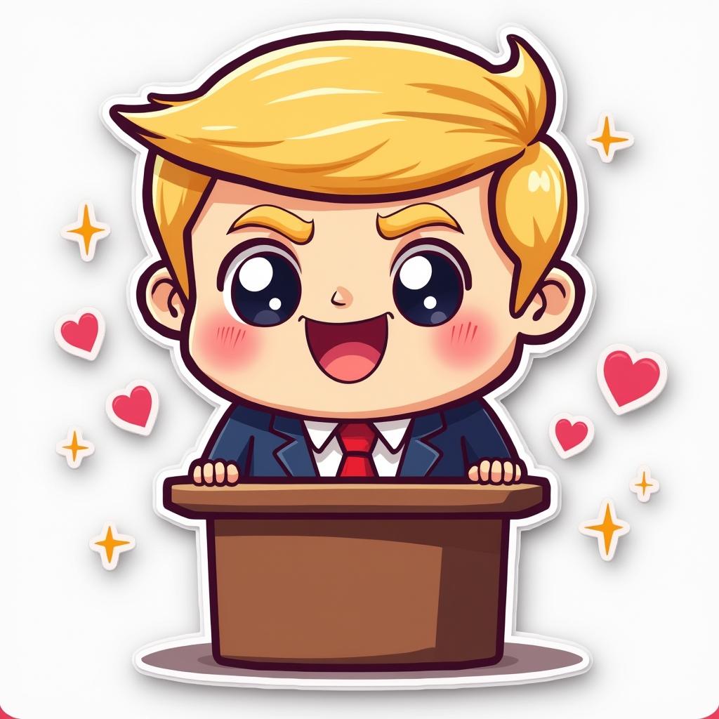 Kawaii sticker of chibi Donald Trump happily giving a speech
