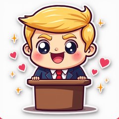 Kawaii sticker of chibi Donald Trump happily giving a speech