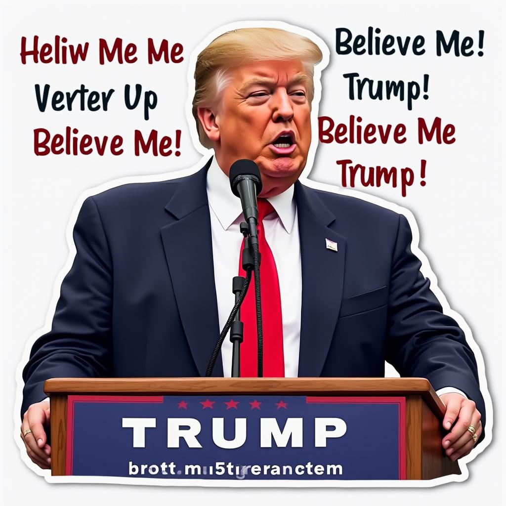Meme sticker of Donald Trump at a podium with humorous captions
