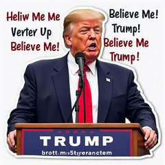 Meme sticker of Donald Trump at a podium with humorous captions