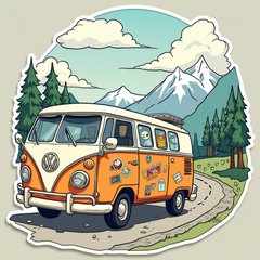 Doodle of a travel sticker-covered van driving on a curvy road with whimsical trees.