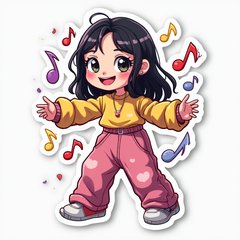 Cartoon Billie Eilish dancing with a big smile and music notes around her.