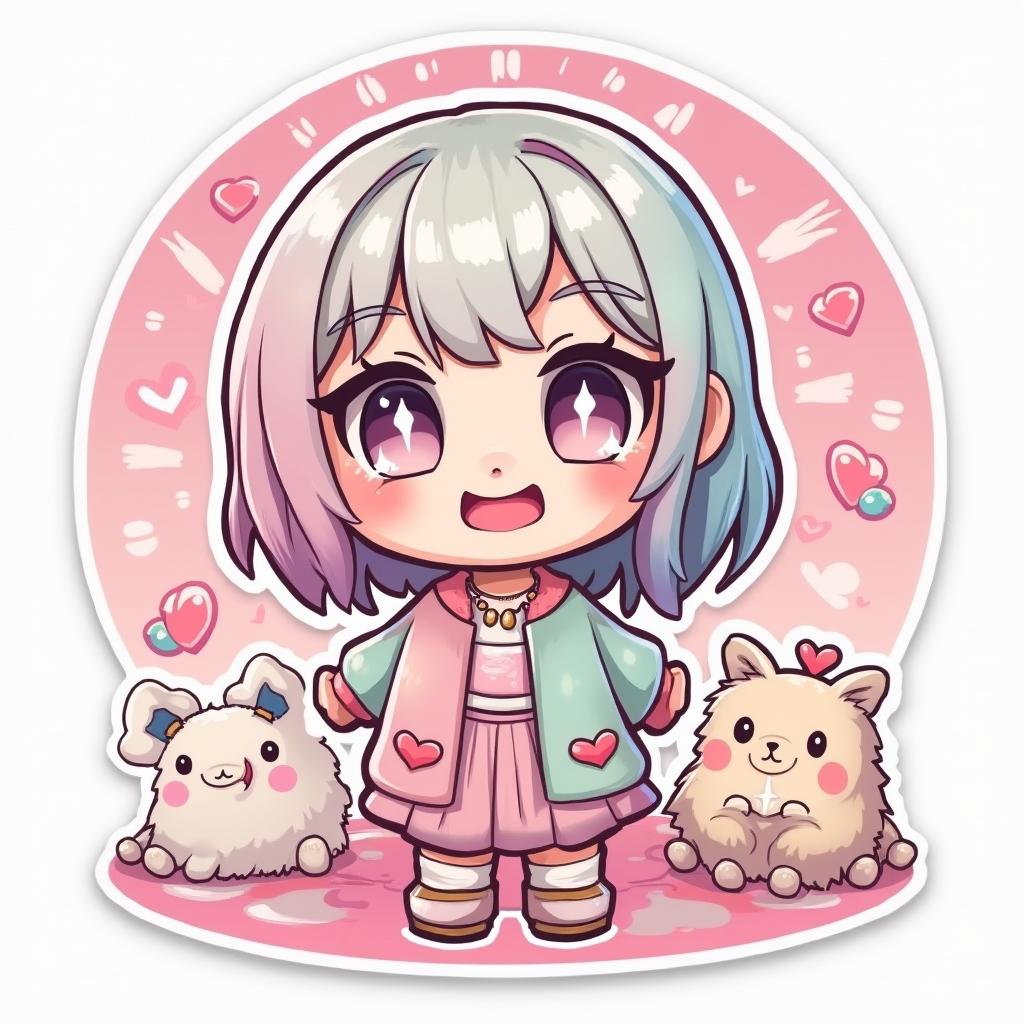 Kawaii Billie Eilish with big eyes and cute animals, surrounded by hearts.
