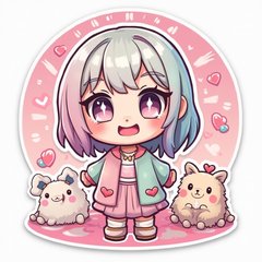 Kawaii Billie Eilish with big eyes and cute animals, surrounded by hearts.