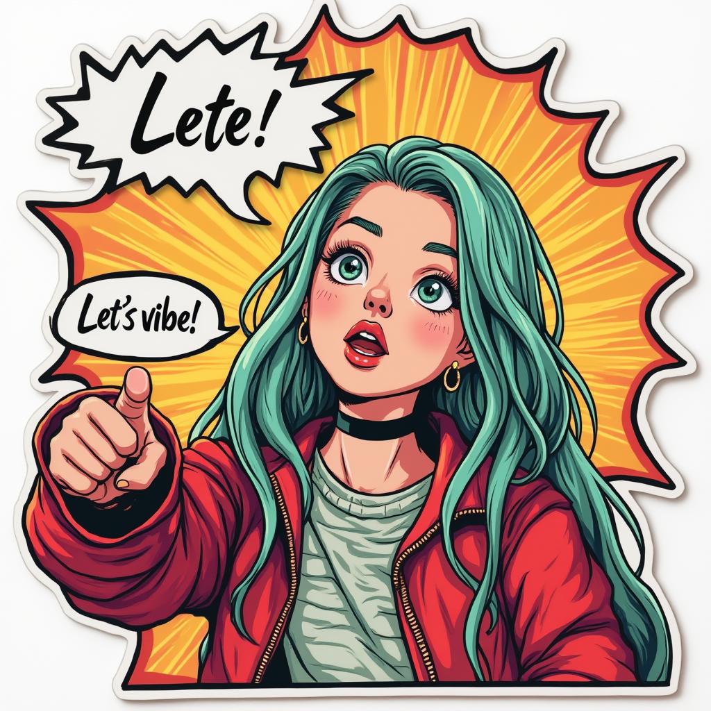 Comic book Billie Eilish striking a pose with action lines and a speech bubble saying 'Let’s vibe!'.