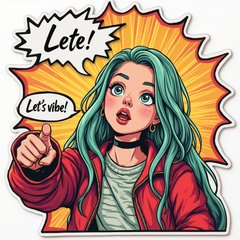 Comic book Billie Eilish striking a pose with action lines and a speech bubble saying 'Let’s vibe!'.
