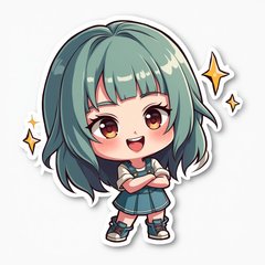 Chibi Billie Eilish with oversized head in a sassy pose with sparkles.