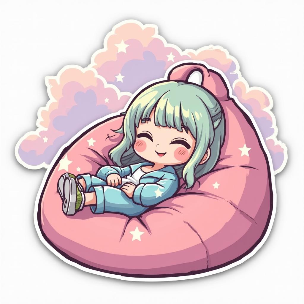 Kawaii Billie Eilish relaxing on a bean bag with clouds and stars.