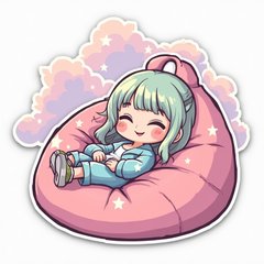 Kawaii Billie Eilish relaxing on a bean bag with clouds and stars.