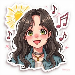 Doodle of Billie Eilish smiling with music notes and sun rays.