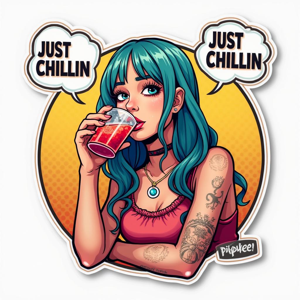 Comic book Billie Eilish sipping a drink with 'Just chillin’' text.