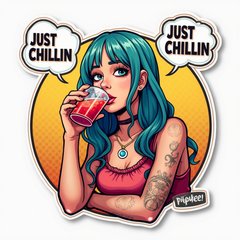 Comic book Billie Eilish sipping a drink with 'Just chillin’' text.