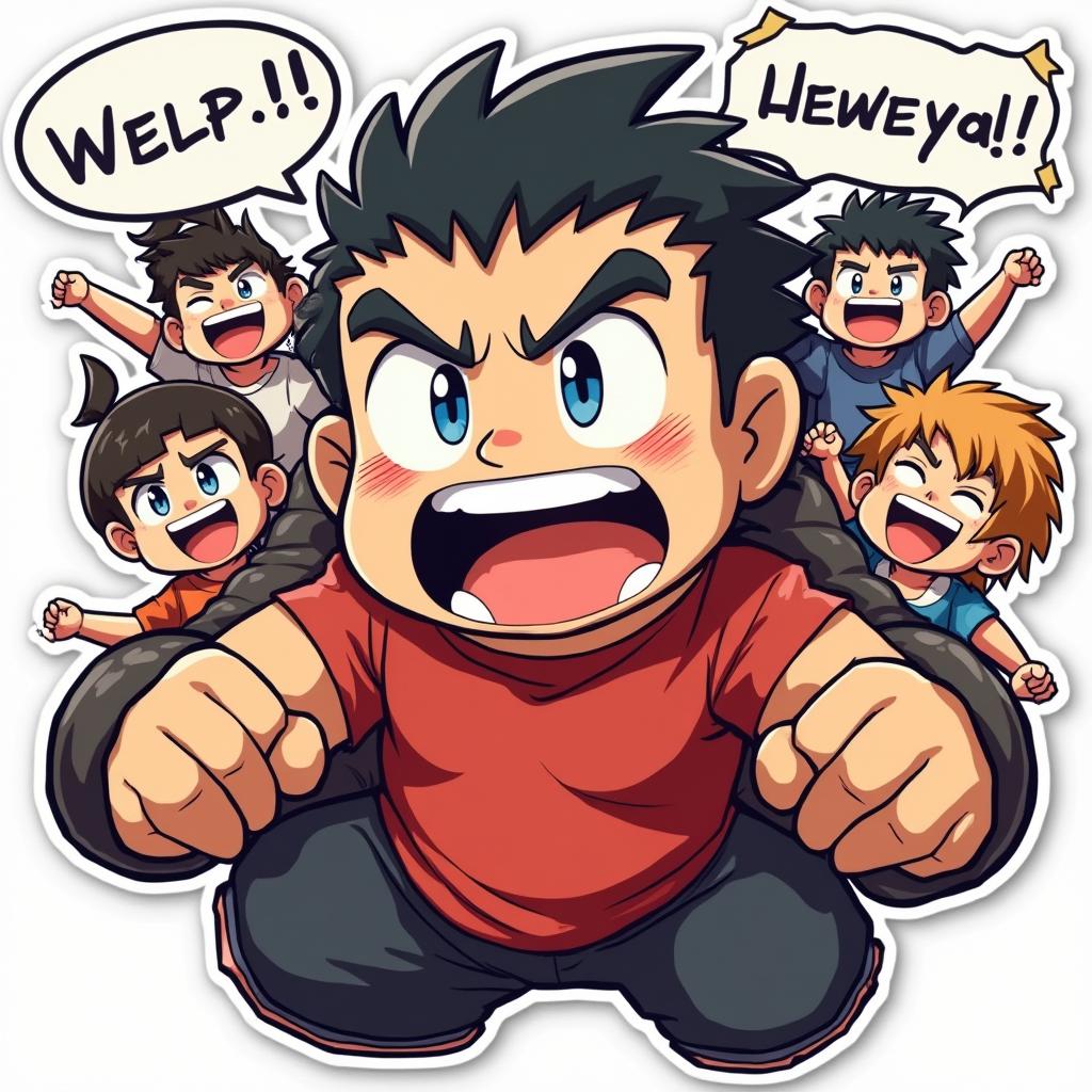 Anime-style Mr. Beast with friends cheering during a challenge
