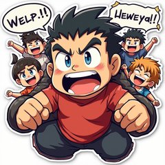 Anime-style Mr. Beast with friends cheering during a challenge
