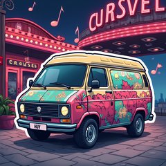 Trendy van with graffiti parked at a concert venue with music notes around.