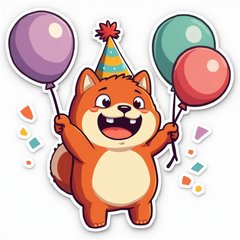 Emoji-style Mr. Beast wearing a party hat with balloons and confetti