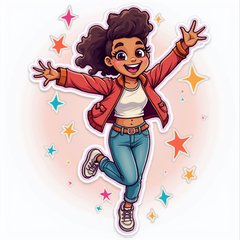 Cartoon Zendaya jumping with joy, surrounded by colorful stars