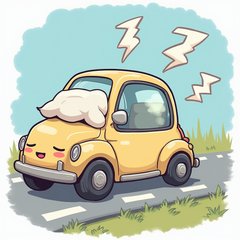 Kawaii sleepy car with droopy eyes resting on road with zzz's