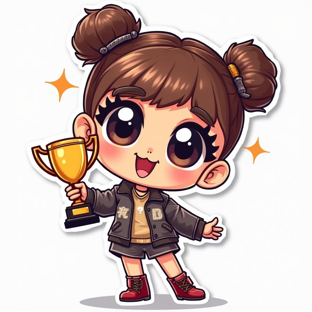Chibi Zendaya celebrating with a trophy and cute expression