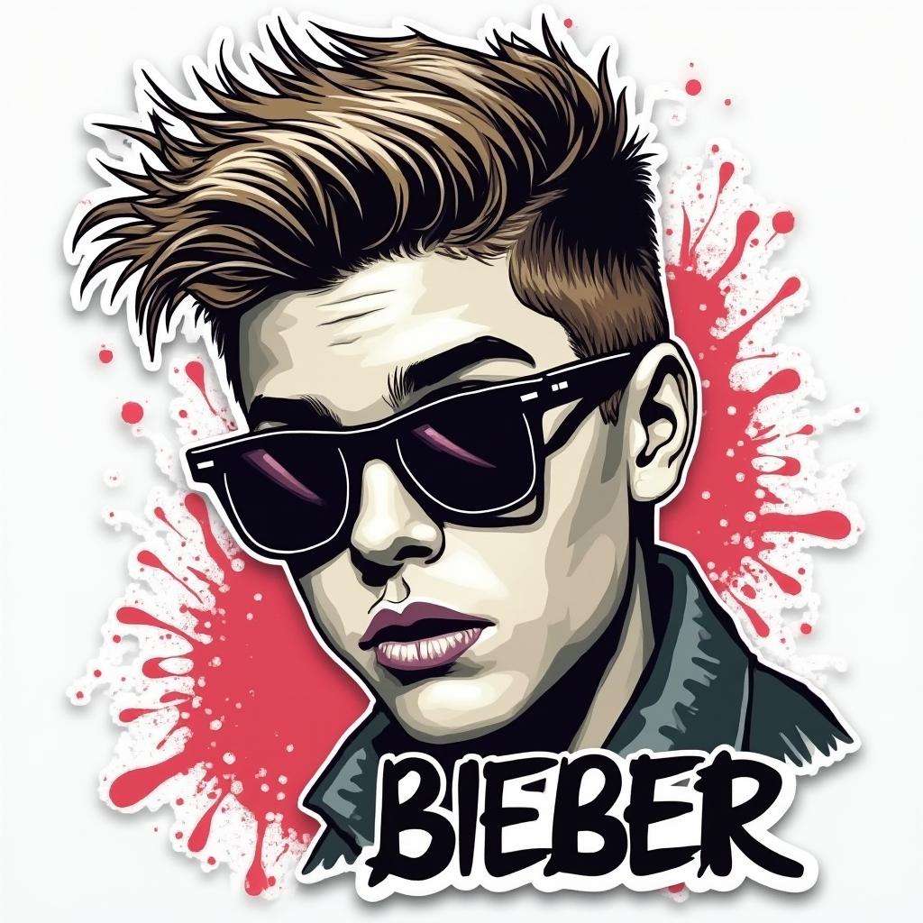 Graffiti-style Justin Bieber in sunglasses with spray paint effects