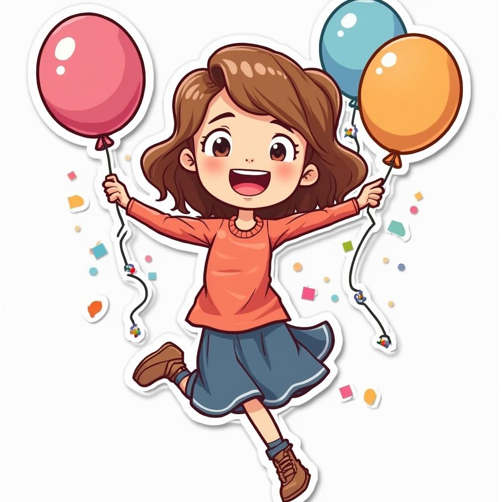 Emoji style sticker of Emma Watson joyfully jumping with confetti and balloons