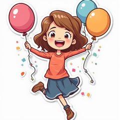 Emoji style sticker of Emma Watson joyfully jumping with confetti and balloons