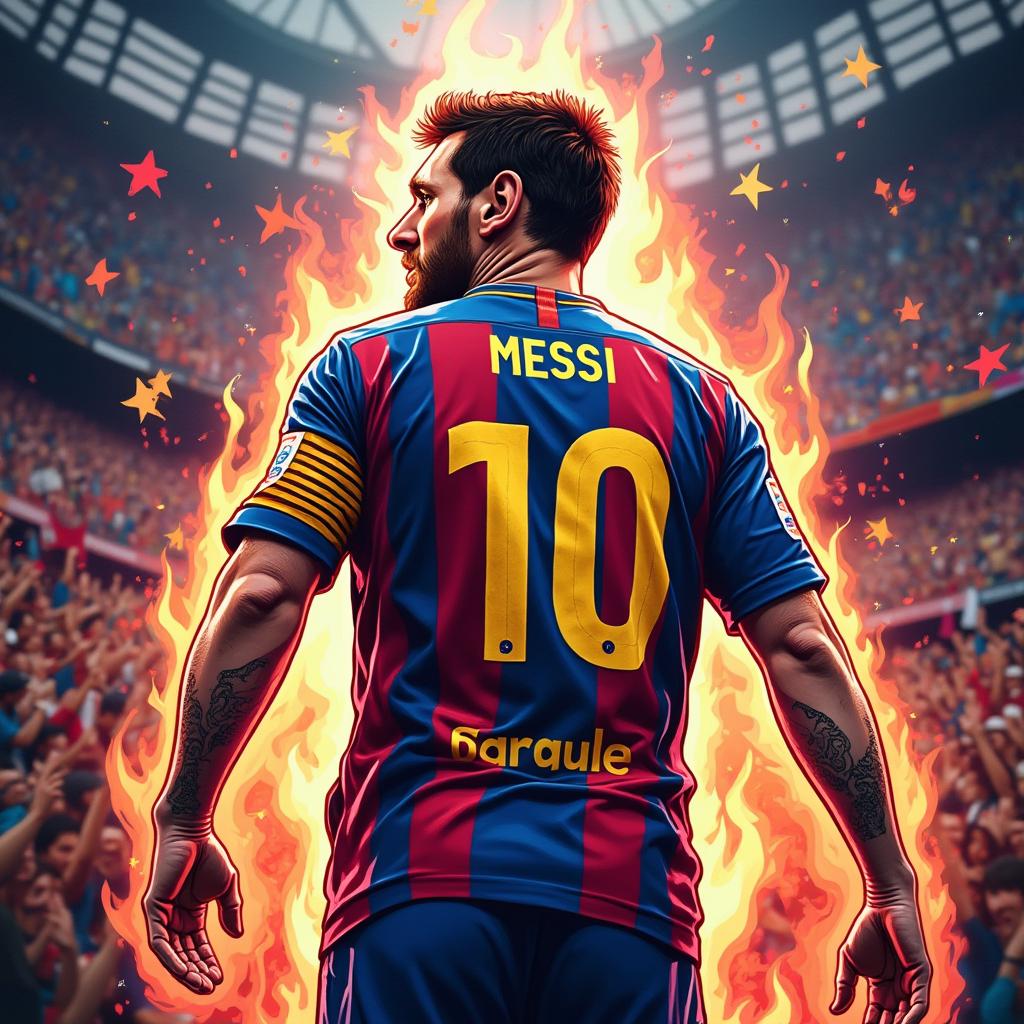 Pop culture style Lionel Messi depicted as a legendary figure with fans
